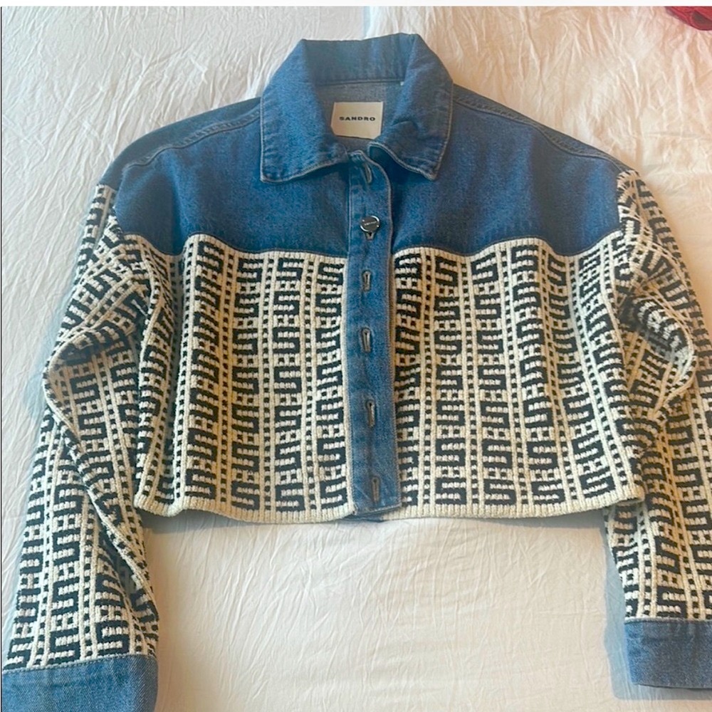 Sandro Women's Blue and White Patterned Jean Jacket - Picture 6 of 6